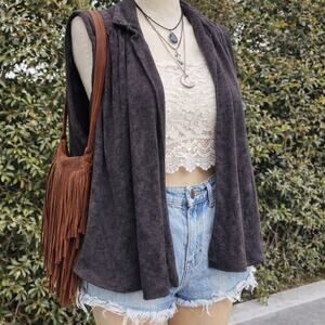 Vintage Y2K Casual Comfy Draped Open Front Cardigan Vest Black Heather Charcoal